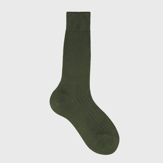 Olive green mid-calf dress sock with ribbed texture, elegant and stylish.