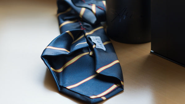 Gold and Red Striped Navy Blue Six-Fold Tie