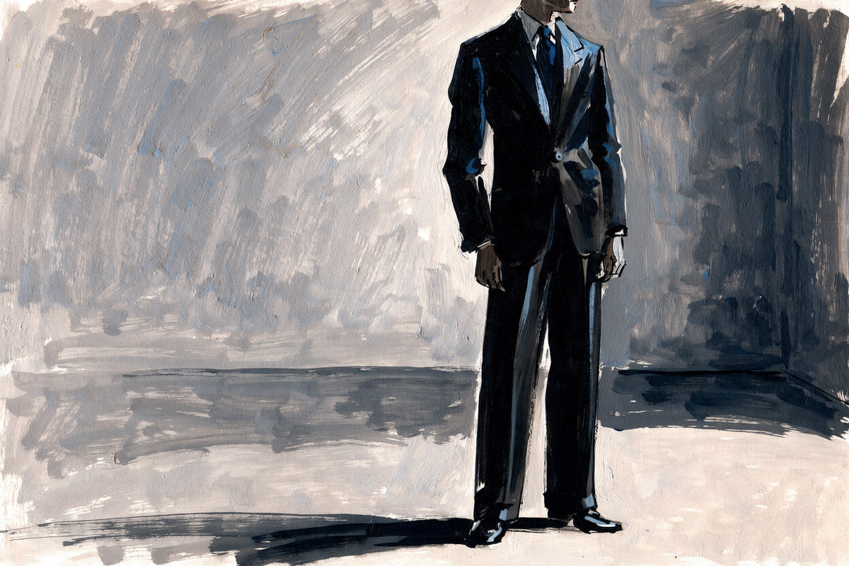 Painted illustration of a man standing alone in an empty room, wearing a black suit with a white shirt and a navy tie.
