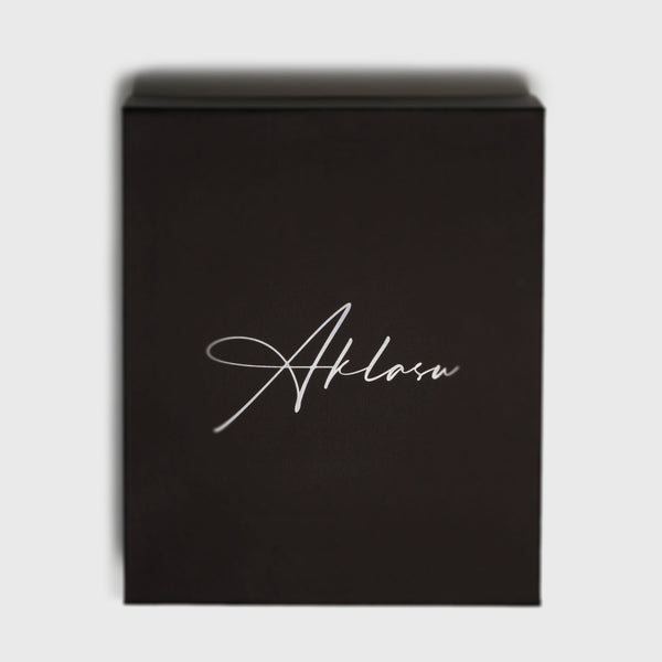 Elegant black gift box with 'Aklasu' logo in white script font.