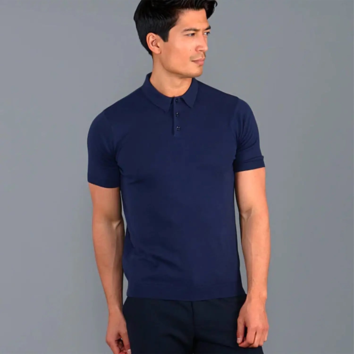 Navy blue knit polo shirt ideal for stylish office outfits to stay cool at work