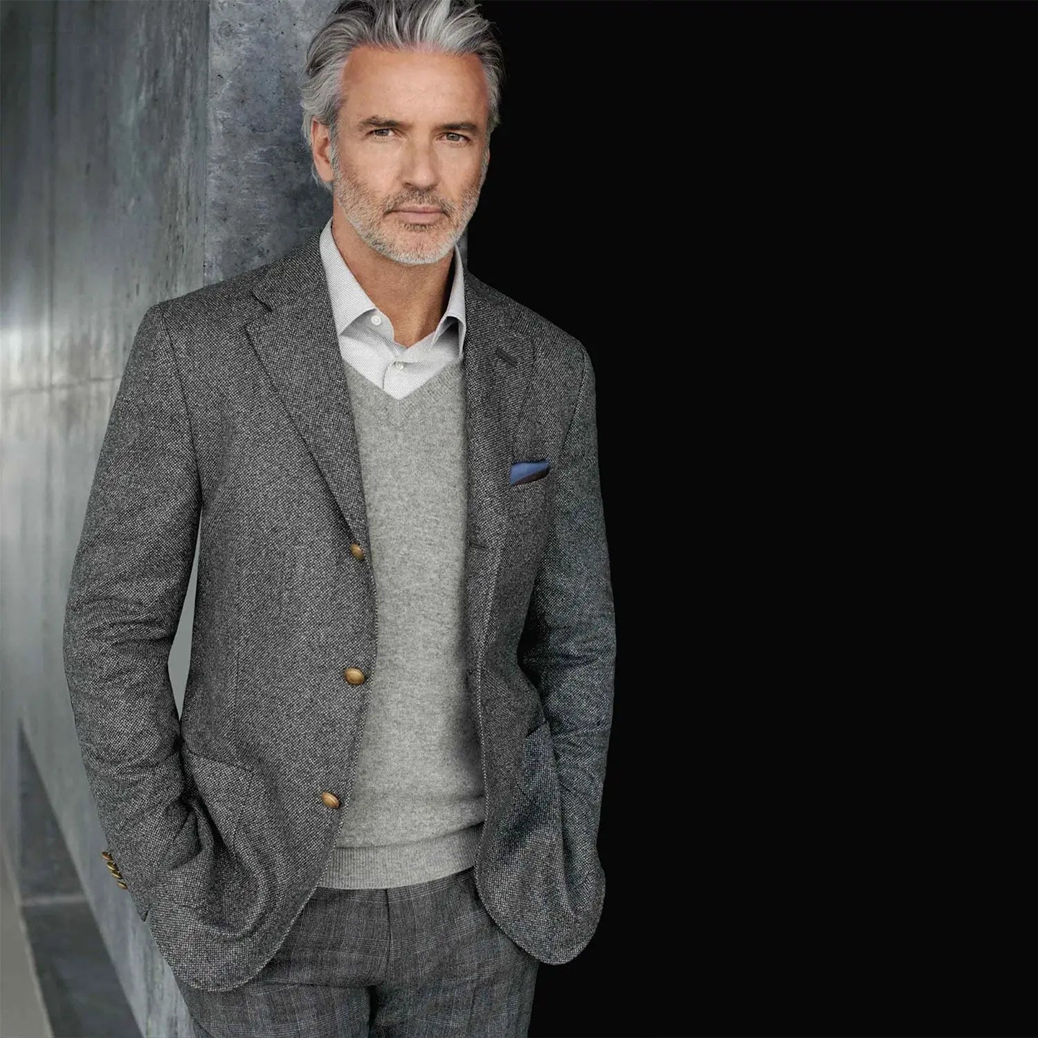 Gray tweed suit showcasing timeless style and high-quality clothes for a stylish man