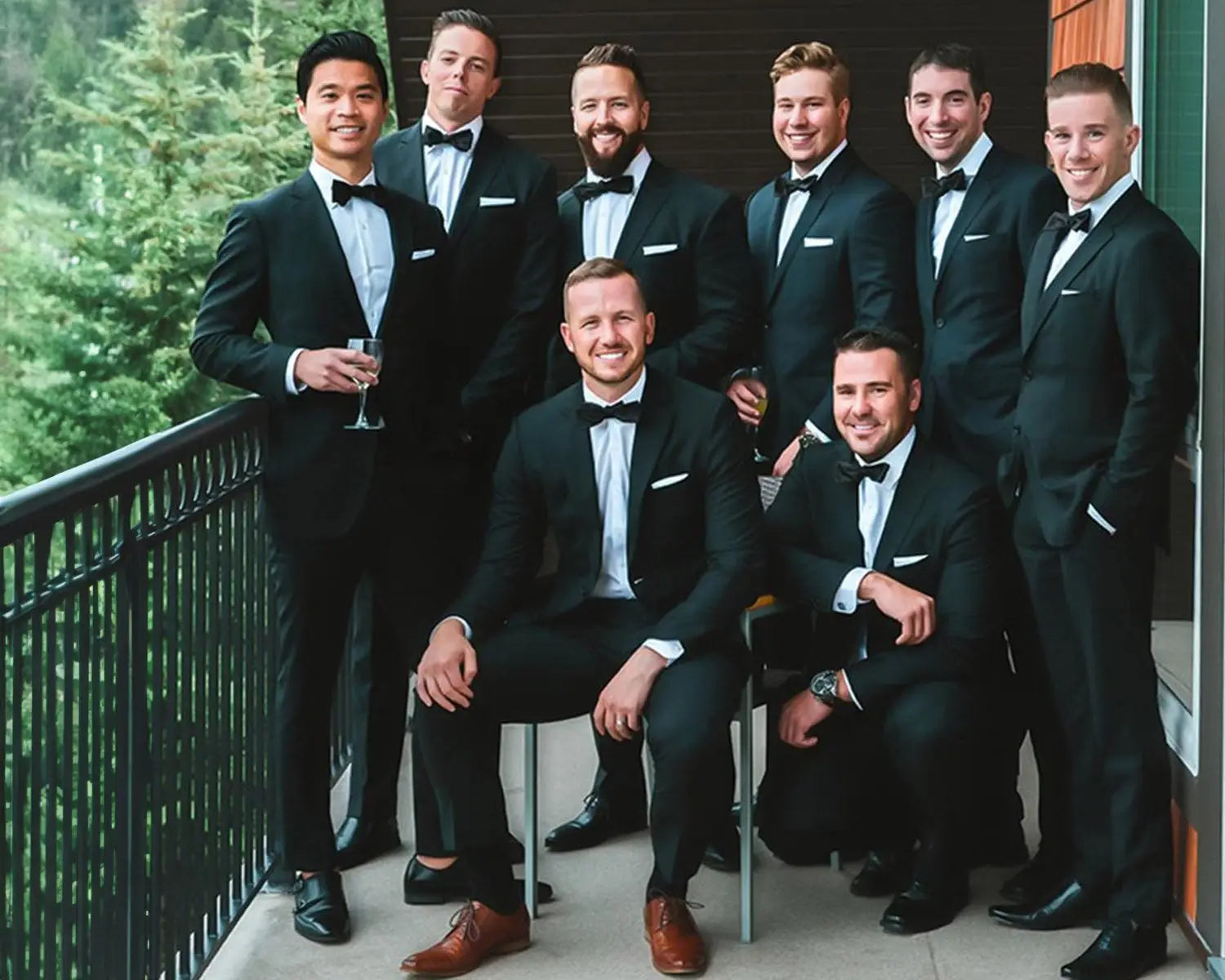 Group of men in formal wedding suits and dress shirts ready for the wedding day