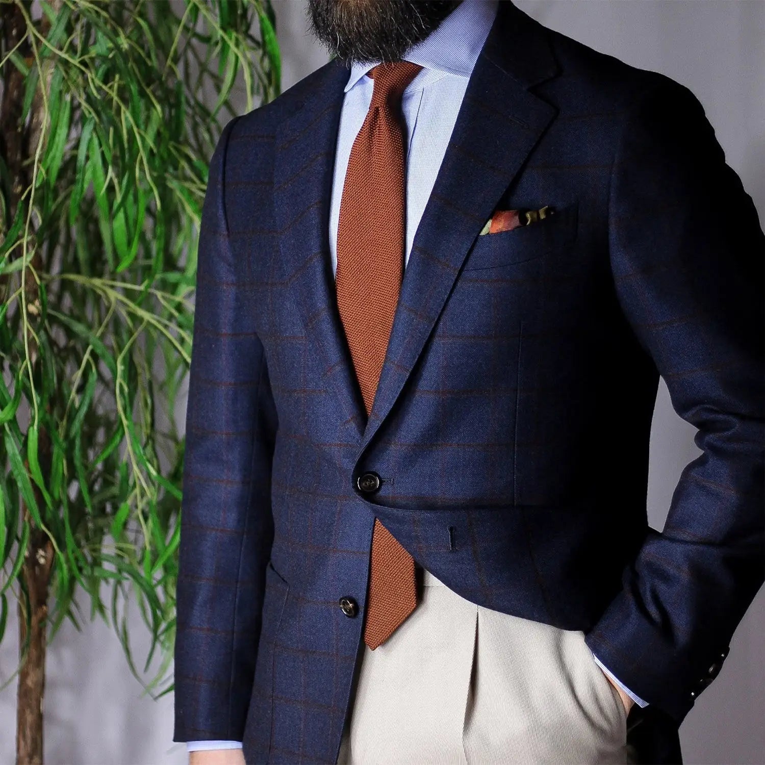 Navy blue plaid suit jacket for buying clothes online in the No Regrets guide