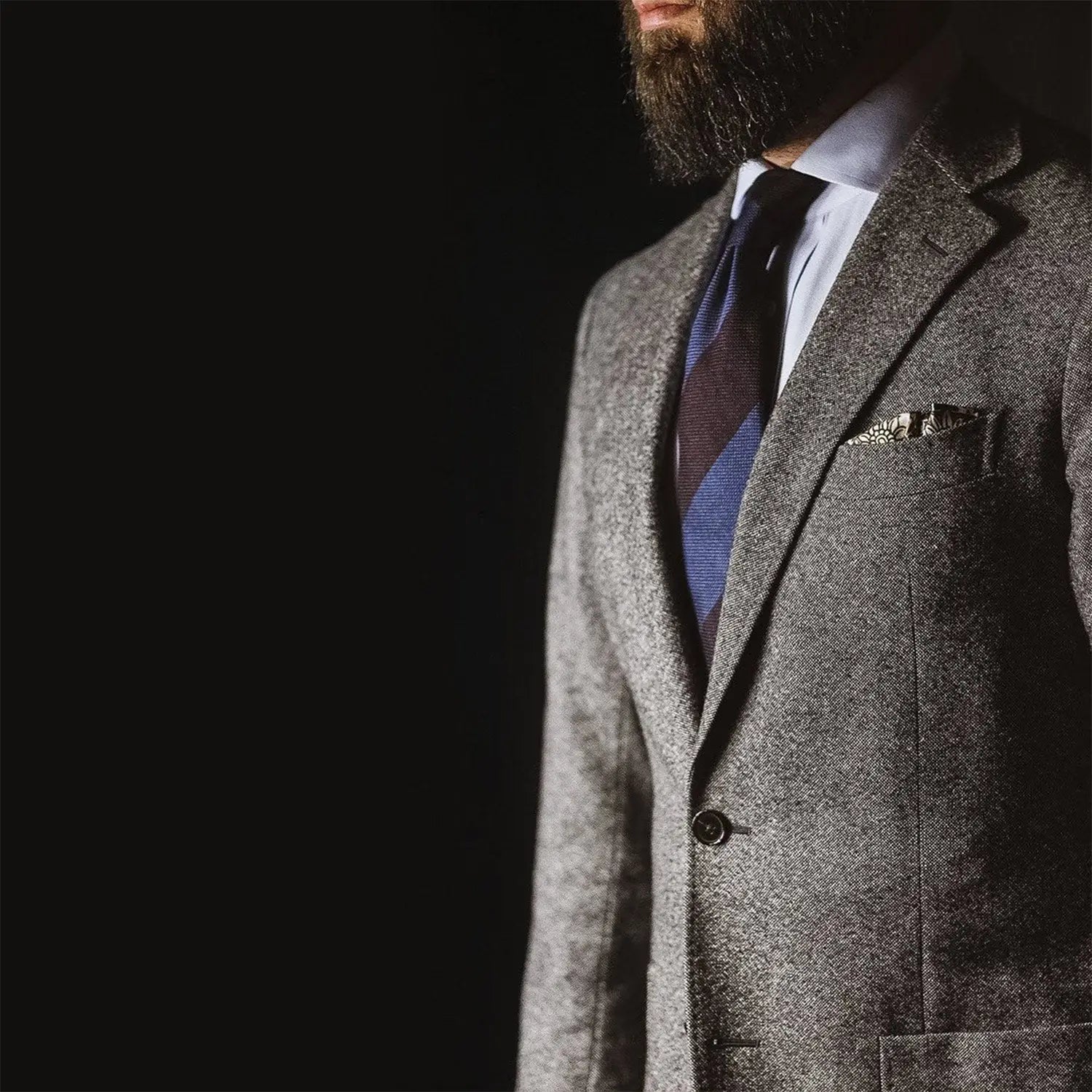 Gray tweed suit jacket, perfect for buying clothes online in No Regrets article