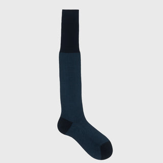 Blue and black chevron dress sock with over-the-calf design.