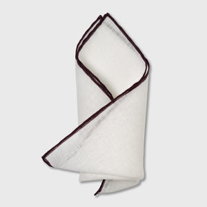 Burgundy Edge White Linen Pocket Square, hand-rolled in Italy by Aklasu.