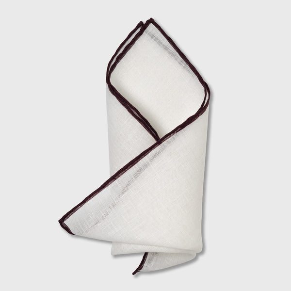 Burgundy Edge White Linen Pocket Square