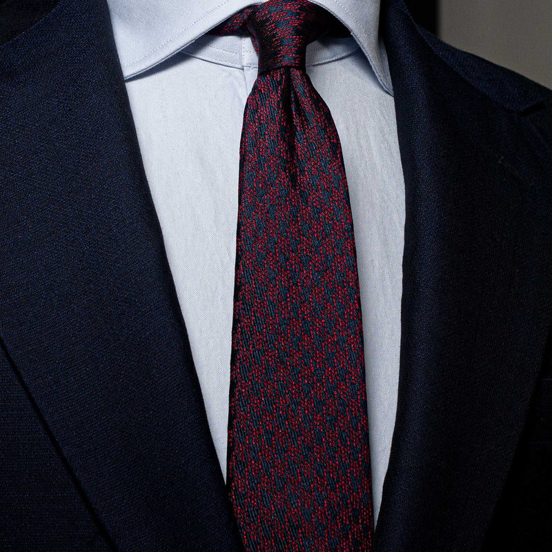 Burgundy and Navy Houndstooth Silk Tie styled with a suit and shirt.