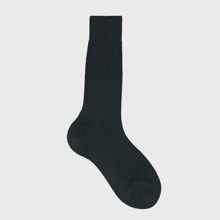 Charcoal mid-calf dress sock with ribbed texture, premium cotton material.