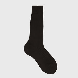 Dark brown mid-calf dress sock with ribbed texture, elegant and durable.