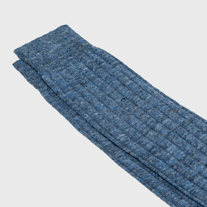 Denim blue over-the-calf linen dress socks, knit in Italy by Aklasu.