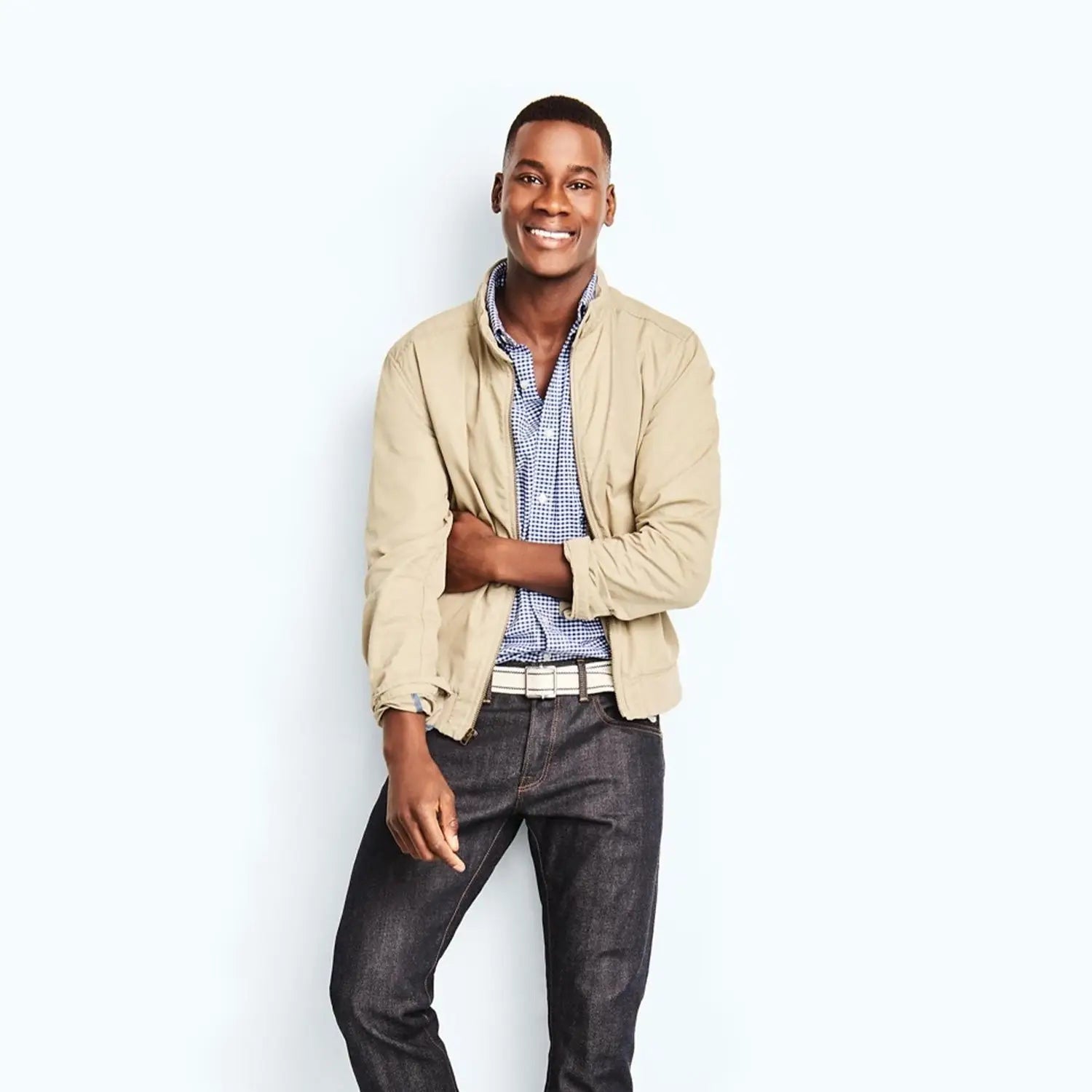 Smiling man in elevated casual wear with neutral colours for stylish everyday look