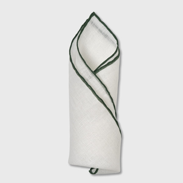 Forest Green Edge White Linen Pocket Square