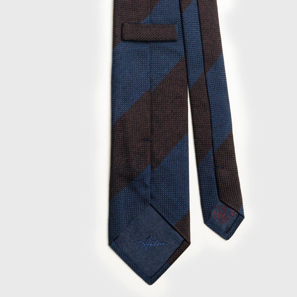 Back view of French Blue and Deep Burgundy Block Striped Grenadine Tie showing details.