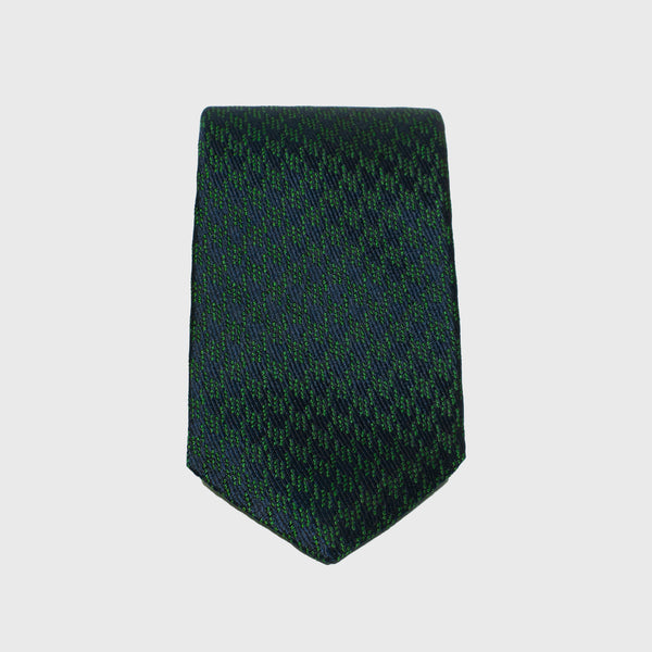 Green and navy blue houndstooth silk tie showcasing elegant six-fold design.