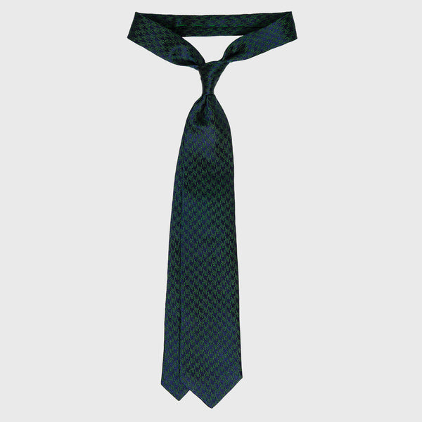 Green and Navy Blue Houndstooth Six-Fold Silk Tie with classic pattern.