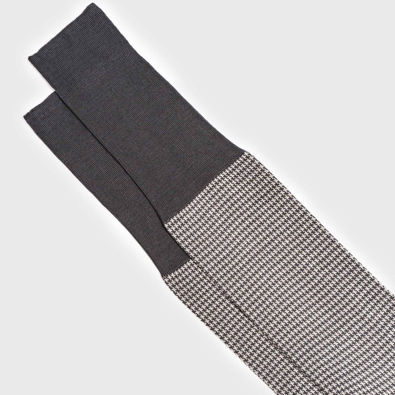 Folded Grey Houndstooth Dress Socks with a sleek over-the-calf design.