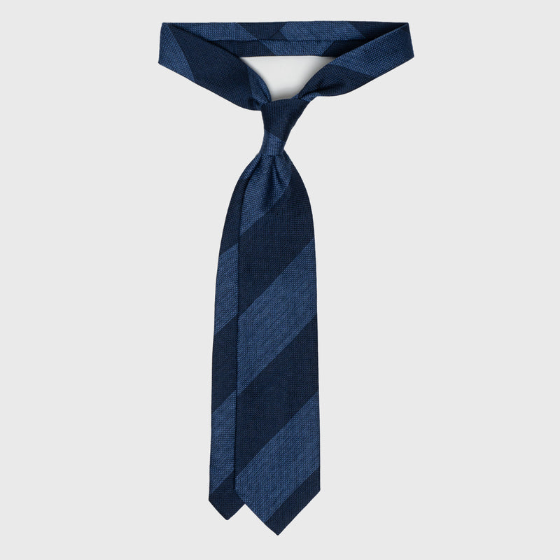 "Intro" Navy and Steel Blue Block Striped Grenadine Tie