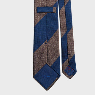 Back view of the light brown and French blue block striped grenadine tie showing details.