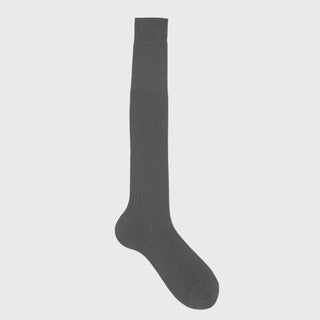 Grey over-the-calf dress sock made of premium mercerized cotton.