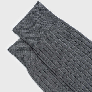 Detailed view of Grey Dress Socks ribbed cuffs and durable stitching.