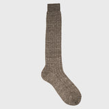 Mélange brown linen over-the-calf dress socks shown at full length.