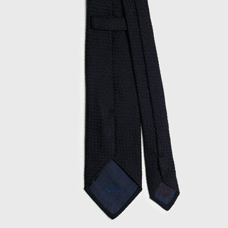 Back view of Midnight Blue Grenadine Tie with detailed stitching and labels.