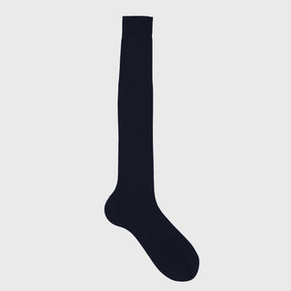 Dark blue over-the-calf dress sock made from premium Egyptian cotton.