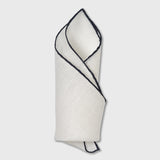 Navy-edge white linen pocket square.