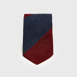 Navy blue and burgundy block striped shantung tie with textured silk finish.