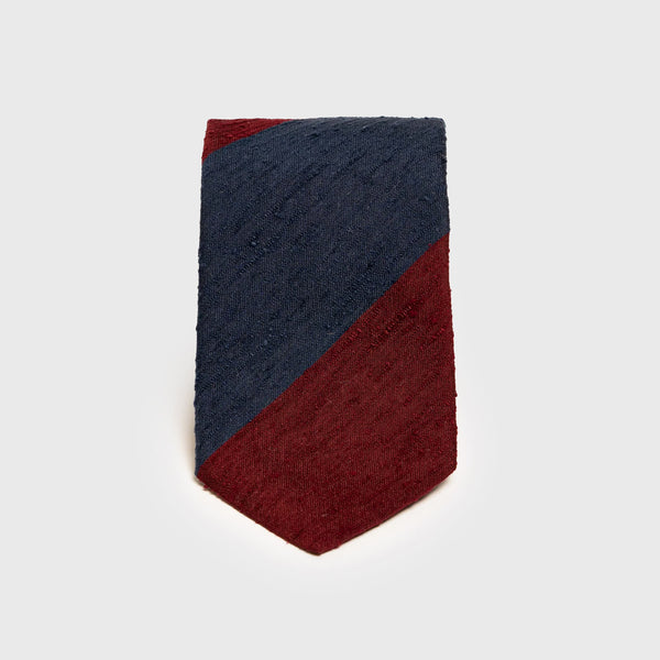 Navy Blue and Burgundy Block Striped Shantung