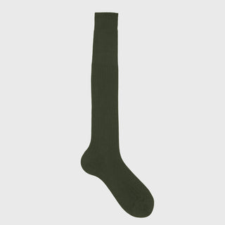 Olive green over the calf dress sock with a solid design.