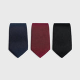 Set for Life by Aklasu. Three Italian grenadine ties in navy, burgundy, and black.