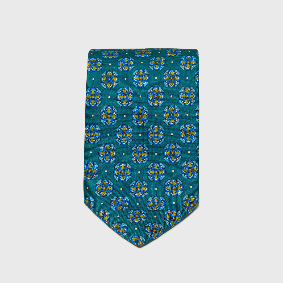 The Marshall, teal floral foulard printed silk tie by Aklasu.