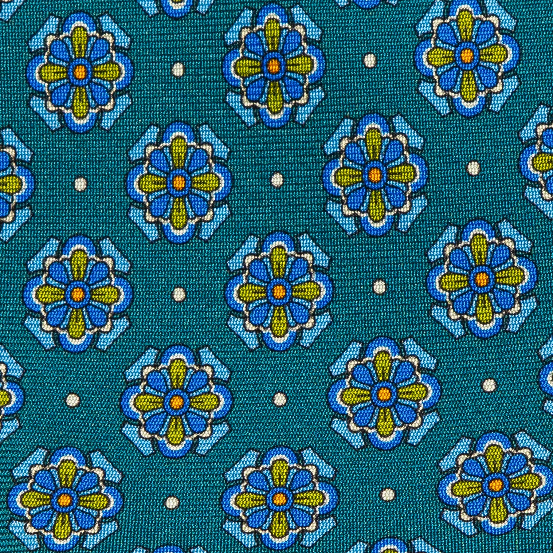 Macro close-up of The Marshall teal foulard tie, showing the floral print on deep teal silk.