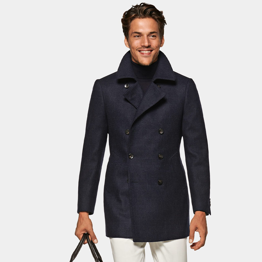 Double-breasted navy pea coat perfect for cool spring from Suit Supply, stylish rain jacket
