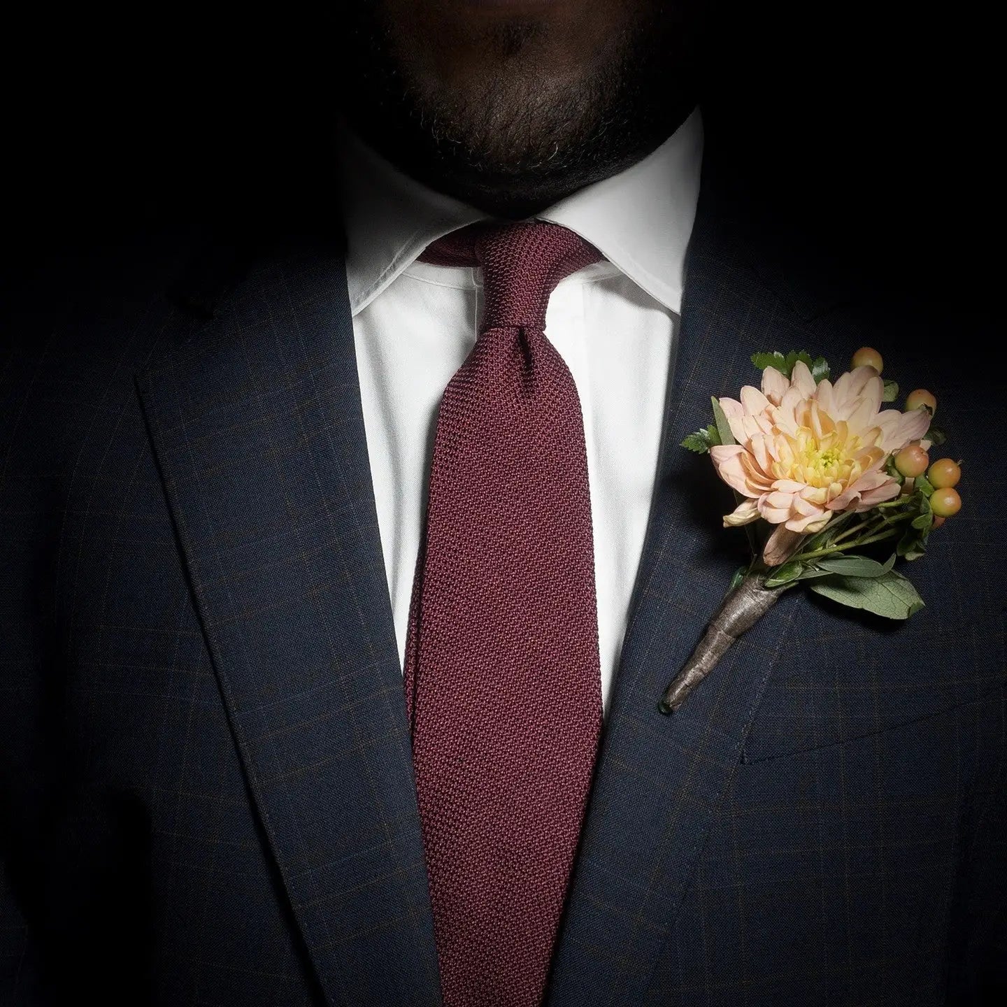 Burgundy Grenadine Tie with Check Navy Suit