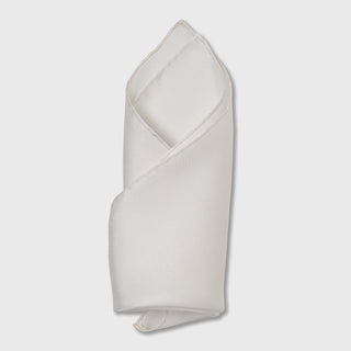 White silk pocket square, hand-rolled edge.