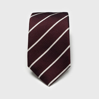 White striped deep burgundy six-fold tie displayed flat on a white background.