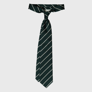 Emerald green silk tie with white stripes, tied in a classic knot.