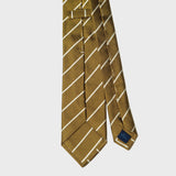 White striped metallic gold silk tie laid flat, showing the full stripe pattern and blade.