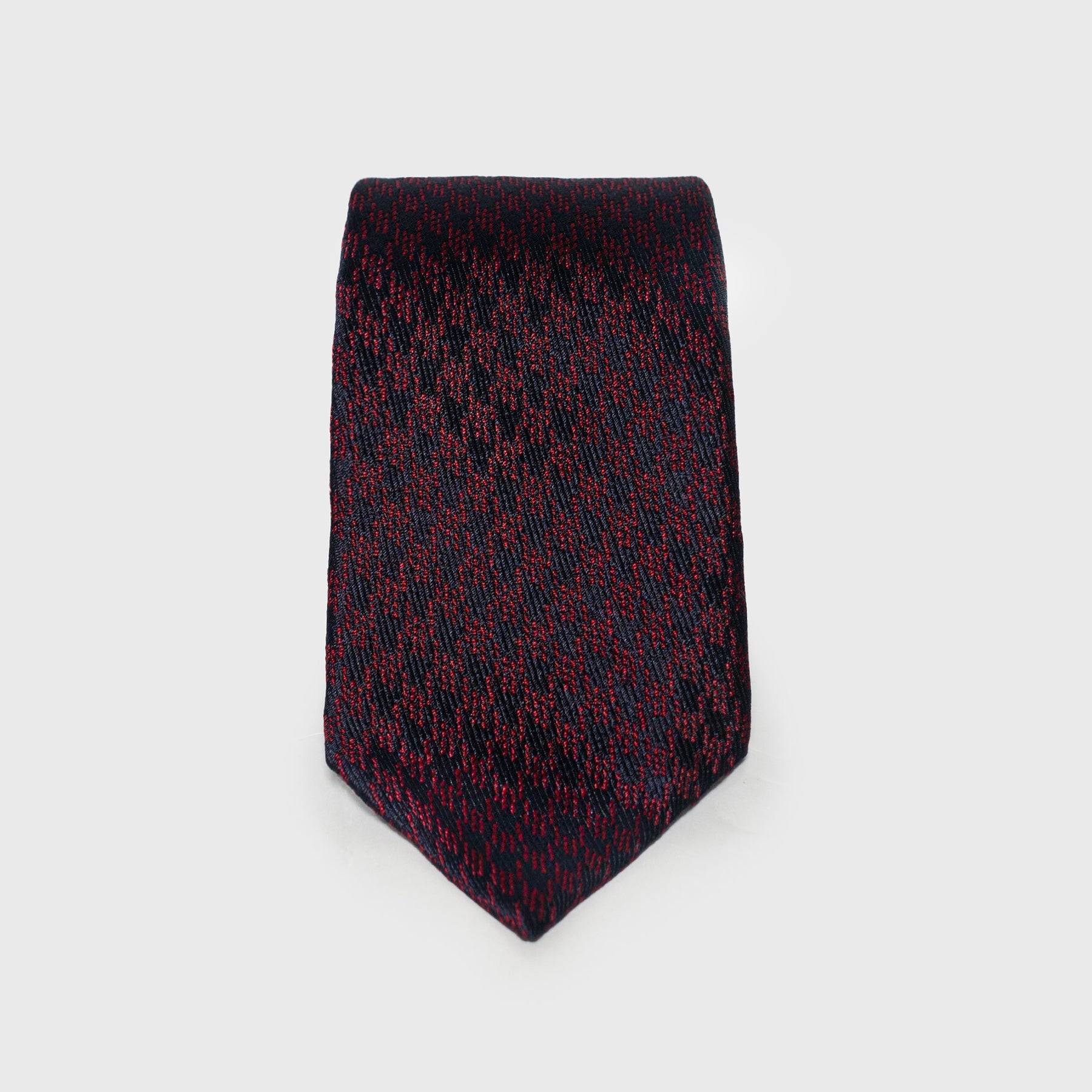 Front view of Burgundy and Navy Houndstooth Six-Fold Silk Tie.