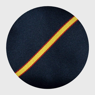 Detailed view of gold and red stripe pattern on navy blue silk fabric.