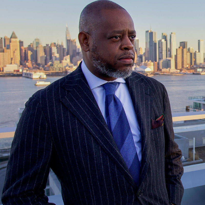 ’Intro’ Navy and Steel Blue Block Striped Grenadine Tie - Aklasu