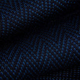 Close-up of blue and black chevron pattern on dress sock fabric.