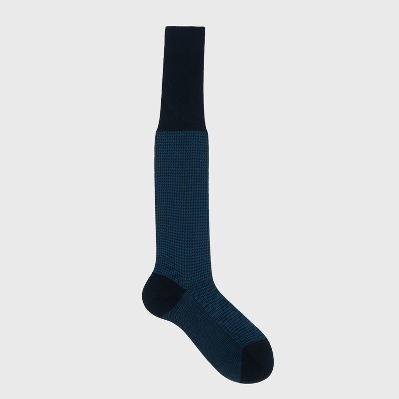 Blue and Black Houndstooth Dress Socks with over-the-calf design.