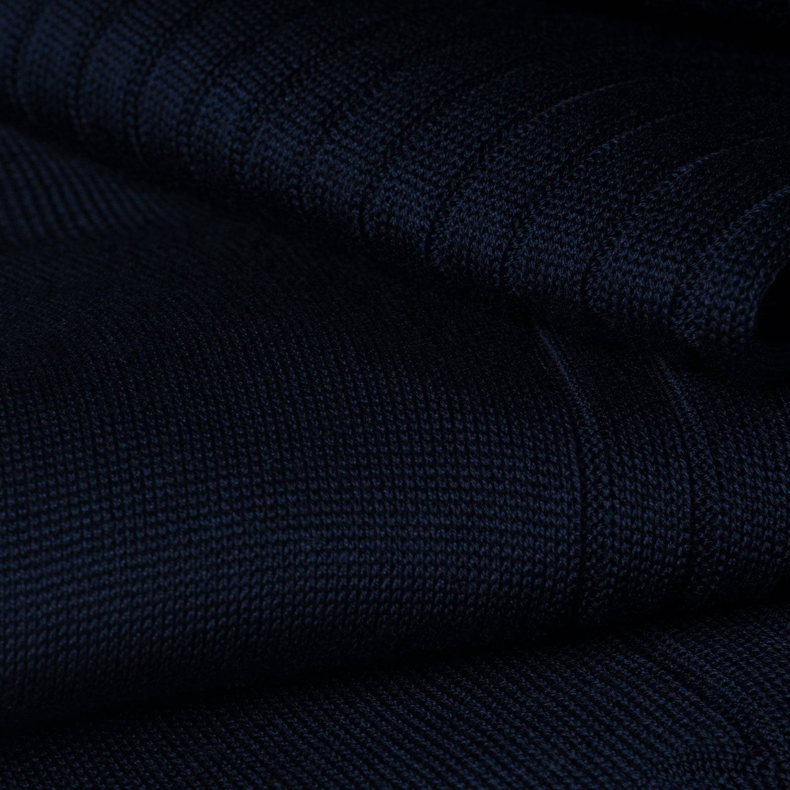 Close-up of navy dress sock fabric — fine ribbed texture in Egyptian Mako cotton