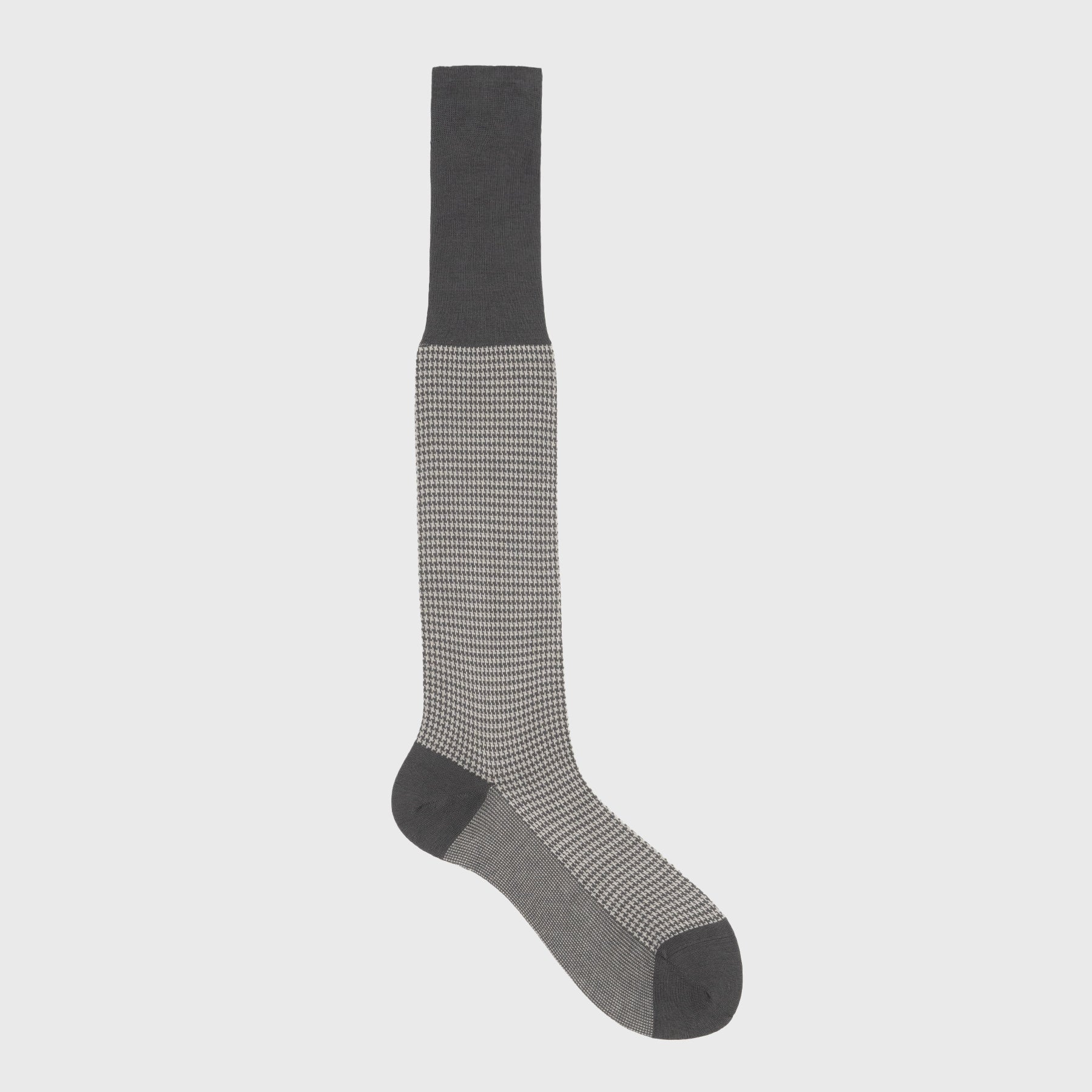 Full-length grey houndstooth over-the-calf dress sock by Aklasu