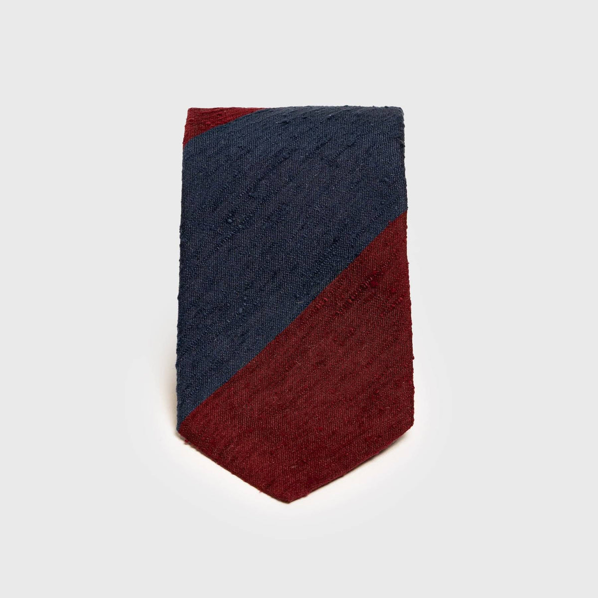 Navy blue and burgundy block striped shantung tie with textured silk finish.